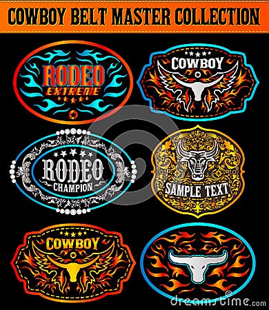 Western Style Cowboy Belt Buckle Label Master Collection Set. Vector Illustration