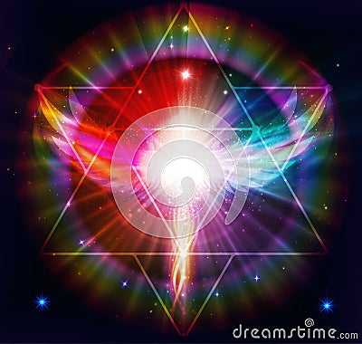 Angel of light and love doing a miracle, rainbow power energy, mer ka ba, phoenix rising Stock Photo