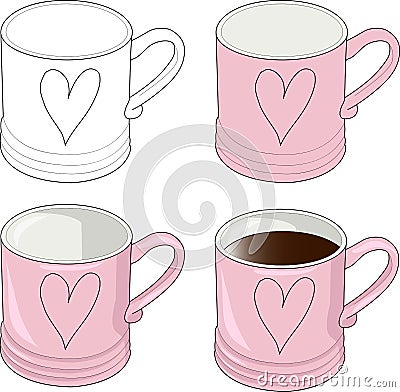 Simple pink cup, mug with heart vector illustration. Coloring paper, Vector Illustration
