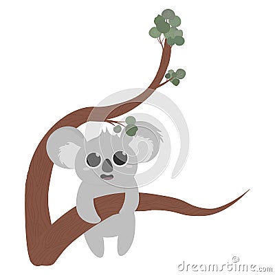 Cute little koala on a tree, eucalyptus leaves, lovely cube, adorable bear Vector Illustration