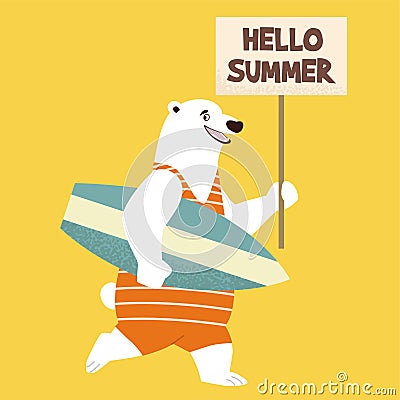 Cartoon bear in a flat style with a surfboard. Funny vector illustration. Can be used as an element for cards, banners, posters. Vector Illustration