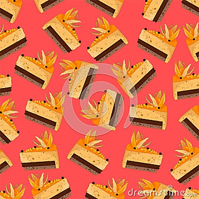 Orange cake slices with fruit on top seamless pattern. Vector illustration Vector Illustration