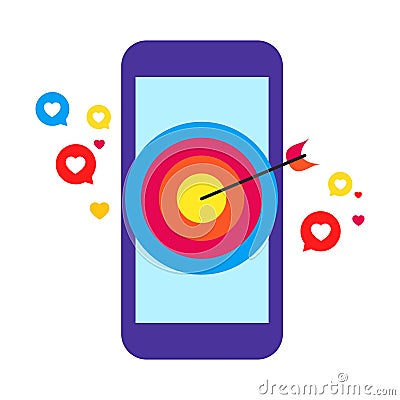 Vector illustration of a mobile phone with a target drawn on the screen with an arrow. Business. Darts. Targeted adver Vector Illustration