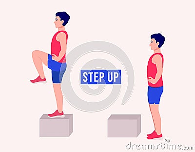 Step up exercise, Men workout fitness. Stock Photo