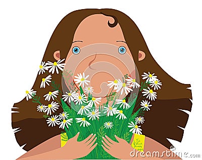 The girl holds a bouquet of daisies and laughs Vector Illustration