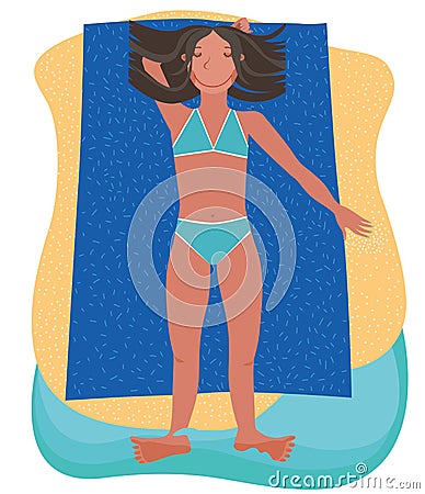 Young woman on the beach kicking in the water Vector Illustration