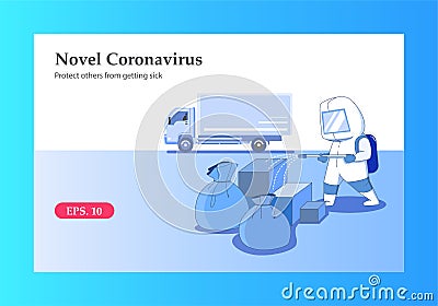 Transport workers spray alcohol on the box, concept of coronavirus quarantine vector illustration. Vector Illustration