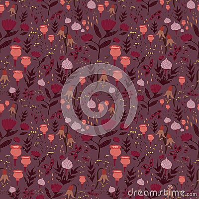 Vector seamless pattern with hand drawing mystery and fantastic pink and violet flowers on dark purple backgroud Vector Illustration