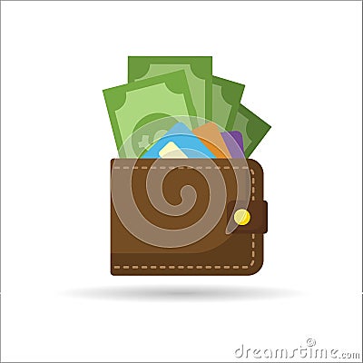Web.Illustration of a portable purse.Money with a credit card in the wallet. Stock Photo