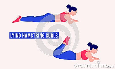 Girl doing Lying Hamstring Curls exercise, Women workout fitness, aerobic and exercises. Vector Illustration Stock Photo