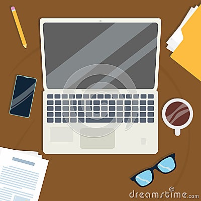 Office Stuff, with many work space tools and items like Mobile, Laptop, File, System etc. Vector Illustration