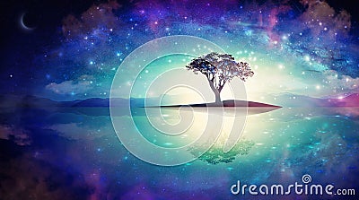 Meditation tree under stars, water mirror, tree of knowledge, cosmos, universe sky Stock Photo