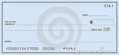 Blank bank check book page with light blue security background Vector Illustration