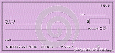 Blank bank check book page with light pink security background Vector Illustration