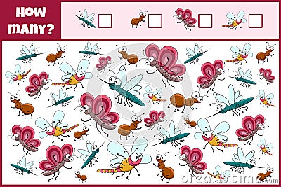 Educational mathematical game. Count the number of insects. Vector Illustration