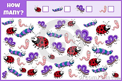 Educational mathematical game. Count the number of insects. Vector Illustration