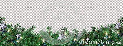 Christmas Long horizontal border with Christmas tree branches, garland, confetti isolated on transparent background Vector Illustration