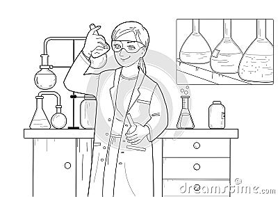 Coloring pages. Laboratory assistant in a chemical laboratory Stock Photo