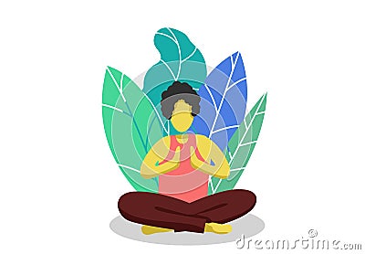 A young relax, yoga focus stay home, best vector flat , concept people character happy relaxing, leaf background isolated Vector Illustration