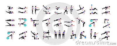 Women Workout Set. Women doing fitness and yoga exercises. Lunges, Pushups, Squats, Dumbbell rows, Burpees, Side planks, Situps, Vector Illustration