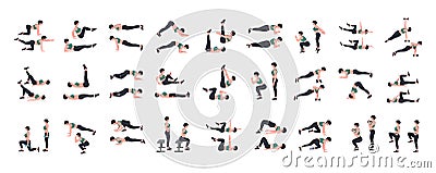 Women Workout Set. Women doing fitness and yoga exercises. Lunges, Pushups, Squats, Dumbbell rows, Burpees, Side planks, Situps, G Vector Illustration