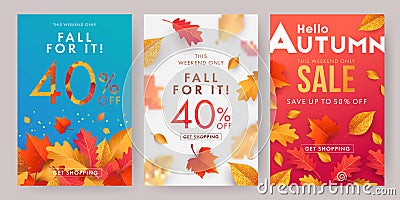 Autumn sale banner, poster or flyer set. Vector illustration with frame of bright beautiful leaves on white, blue and red backgrou Vector Illustration