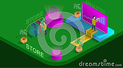 Isometric 3D store fashion vector illustration, indoor concept boutique analytic and fashion retail shopping. creative isometric a Vector Illustration