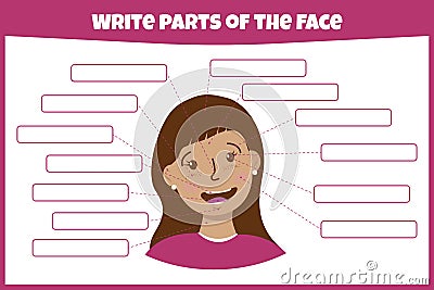 Write parts of the face. Think and write. Learning words. Vector Illustration