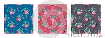 Set of three Beautiful seamless vector tropical pattern with flamingo bird and palm leaves. Tropical summer texture. Elegant templ Vector Illustration