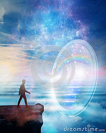 Soul journey, divine angelic guidance, portal to another universe, new life, new world, reality wallpaper Stock Photo