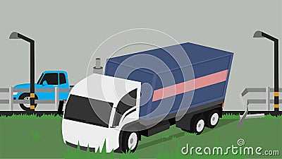 Container truck accident, it drove on the side of the road. Vector Illustration