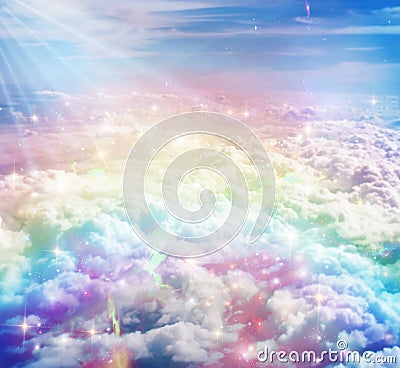 Rainbow on sky over clouds close up, dreams, wishes Stock Photo