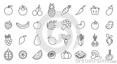 Vegetables and fruits flat icon collection set isolated on white background. Vector Illustration