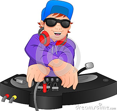 Boy disc jockey is performing Vector Illustration