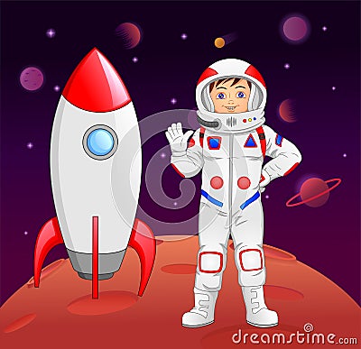 Astronaut cartoon arrives on planet mars Vector Illustration