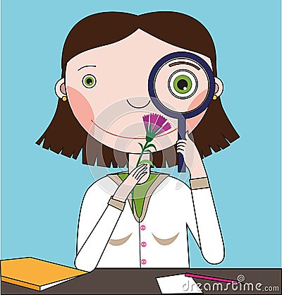 A smiling doctor looks at a flower through a magnifying glass Vector Illustration