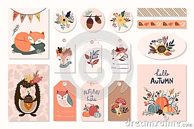 Autumn labels/badges/magnets/greeting cards collection with cute elements Vector Illustration