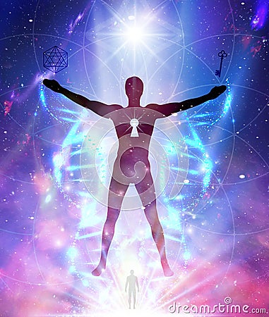 Man universe, meditation, spiritual energy, DNA healing, enlightenment Stock Photo