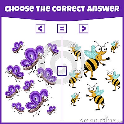 More less or equal. Compare the number. Counting game. Vector Illustration