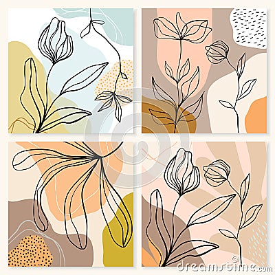 Abstract line art backgrounds, posters wall art set with flowers and plants Vector Illustration