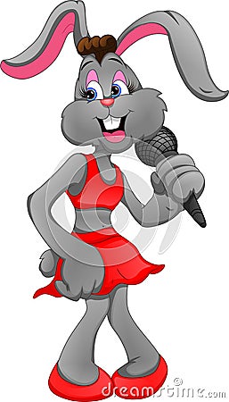 Cute rabbit singing and holding a microphone Vector Illustration