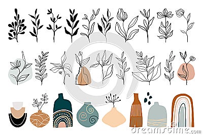 Abstract line art collection with floral elements, leaves, plants and vases, modern trendy design Vector Illustration