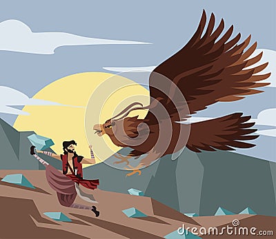 Arabian sailor sinbad adventurer fighting giant bird Vector Illustration