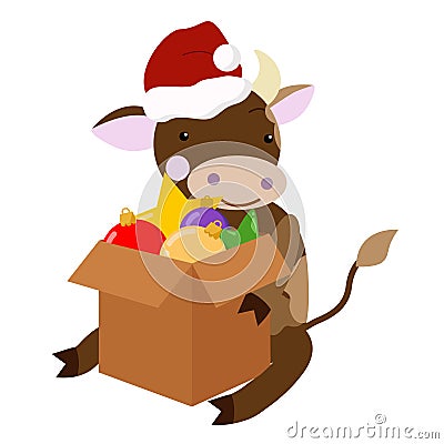 2021. A cheerful ox in a red Santa hat sits in front of a box with Christmas decorations. The bull is the symbol of the Chinese Ne Stock Photo