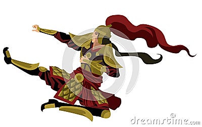 Strong chinese armored soldier jumping kick Vector Illustration