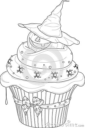 Cartoon Halloween decorated cupcake with cream, spiders and pumpkin in witch hat template. Vector illustration in black and white Vector Illustration