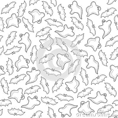 Spooky Halloween ghosts and bats seamless pattern template. Cute simple minimalism cartoon vector illustration in black and white Vector Illustration