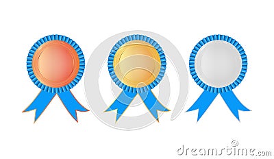 Gold, silver and bronze medals with arms and blue ribbons. Award rosette with ribbon. Vector Illustration