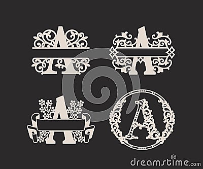 A Split Monograms, Split Letter Monogram, Alphabet Frame Font. Laser cut template. Initial monogram letters. Vector Illustration