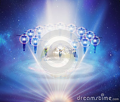 Collective souls, divine intervention, synchronicity, giving blessings, watching over Earth planet in space, orbit, earth healing Stock Photo